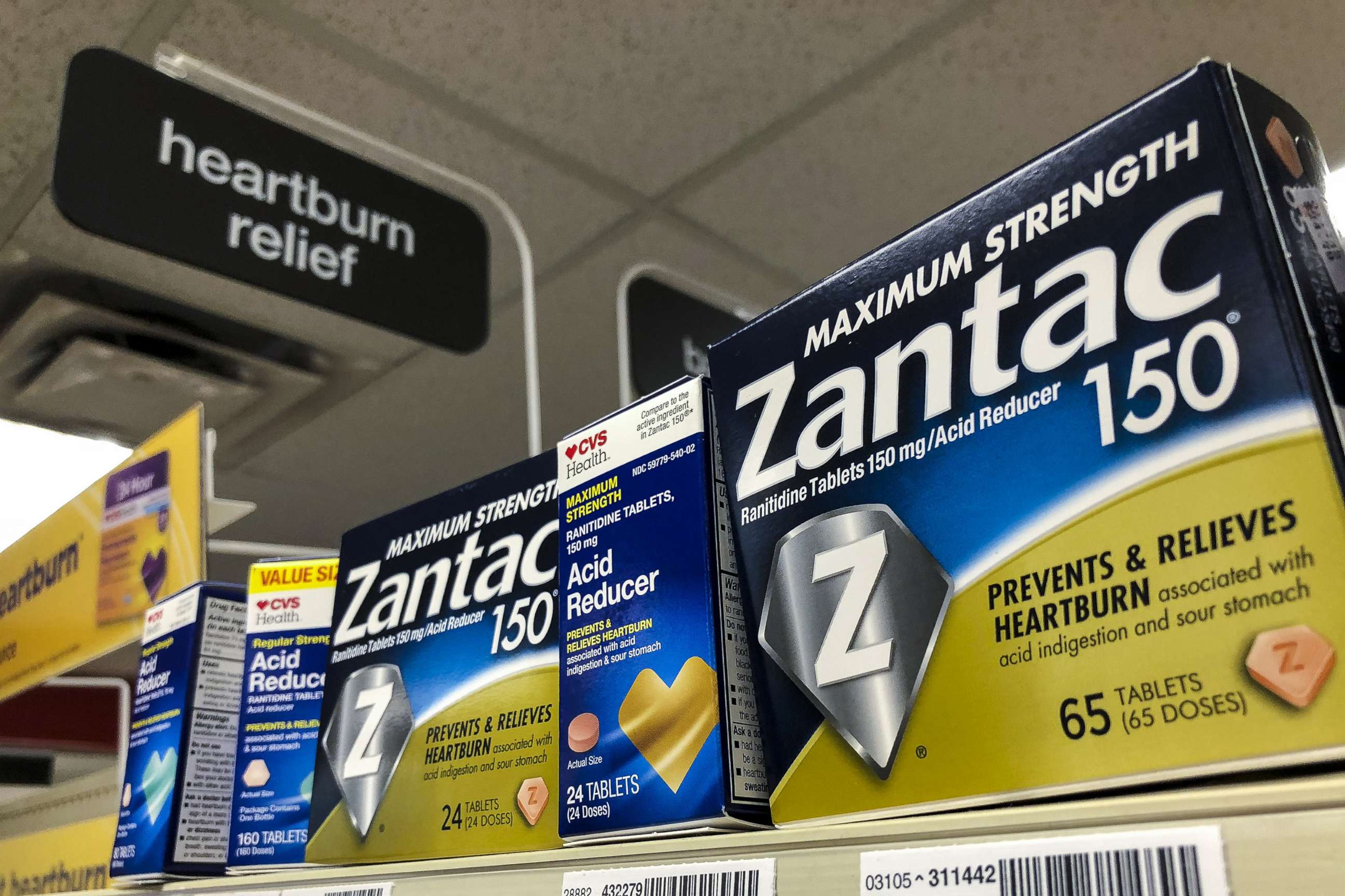PHOTO: Packages of Zantac, a popular medication which decreases stomach acid production and prevents heartburn, sit on a shelf at a drugstore, Sept. 19, 2019 in New York City.