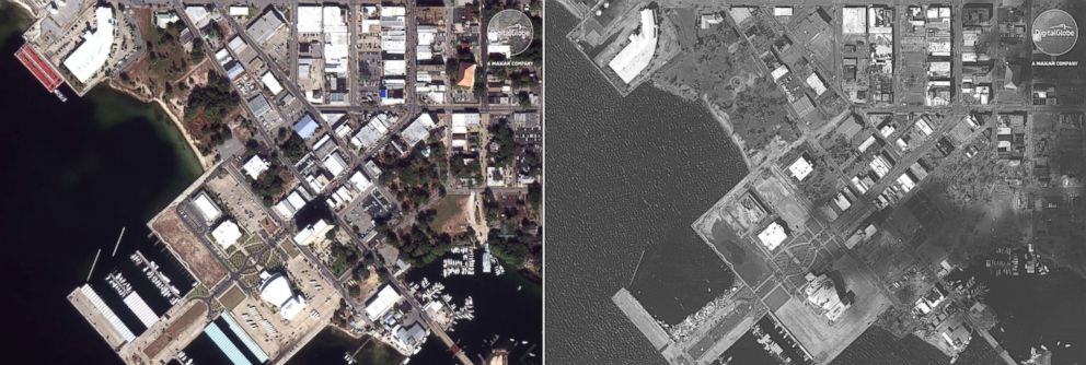 PHOTO: Panama City waterfront in Florida before and after Hurricane Michael.