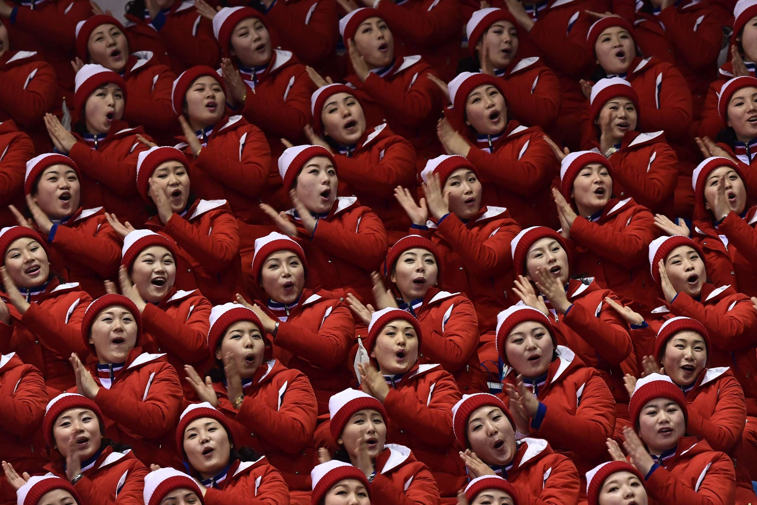 PHOTO:North Korean cheerleaders attend the pair skating free skating of the figure skating event during the Pyeongchang 2018 Winter Olympic Games at the Gangneung Ice Arena in Gangneung, Feb. 15, 2018.