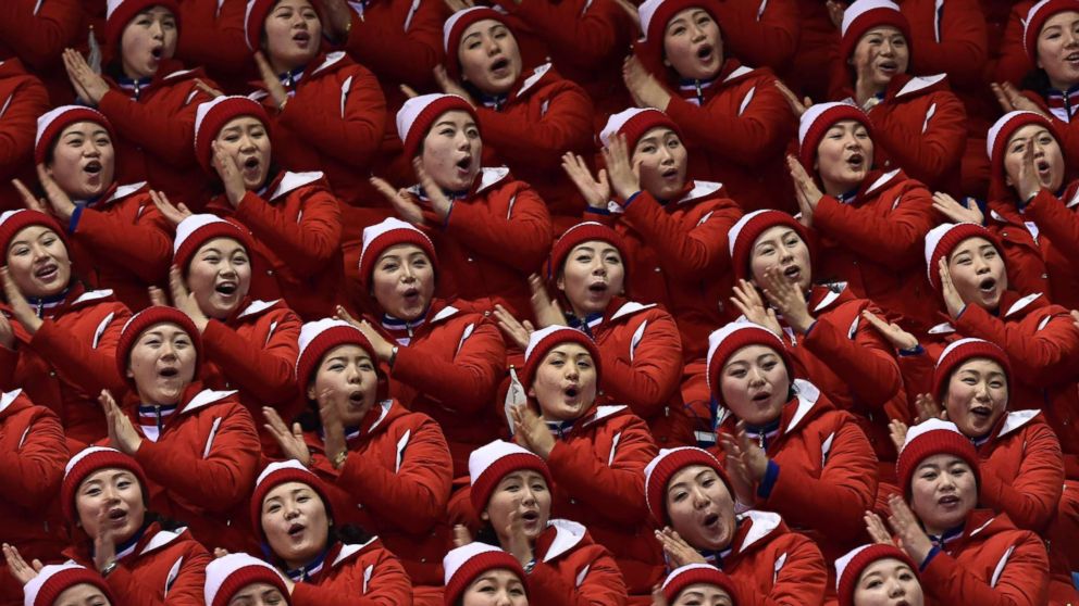 North Korean cheerleaders attend the pair skating free skating of the figure skating event during the Pyeongchang 2018 Winter Olympic Games at the Gangneung Ice Arena in Gangneung, Feb. 15, 2018.