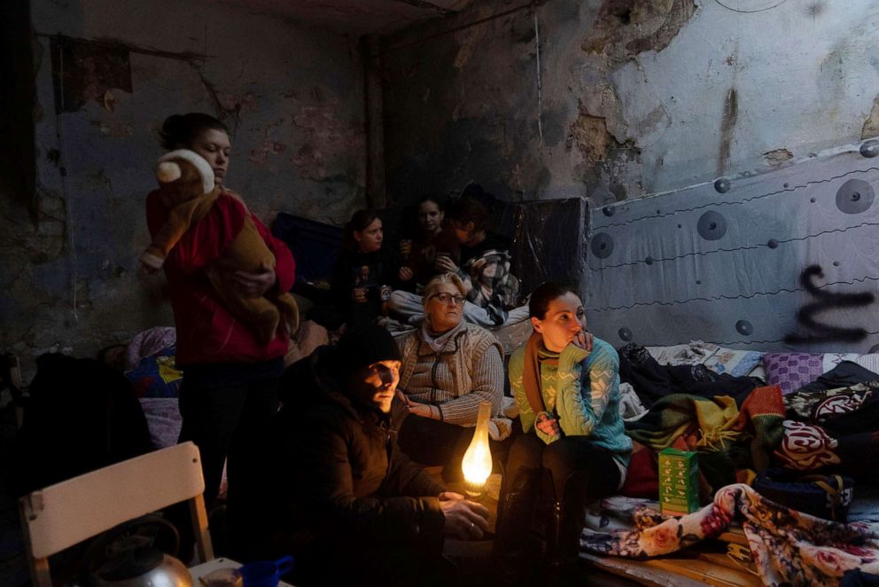 PHOTO: People settle in a bomb shelter in Mariupol, Ukraine, March 6, 2022. 