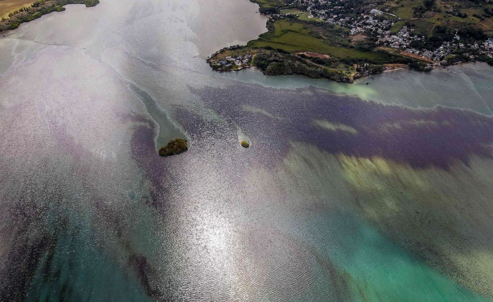 PHOTO: Leaked oil from MV Wakashio is pushed by currents towards the Grand Port bay off the coast of south-east Mauritius, Aug. 8, 2020.