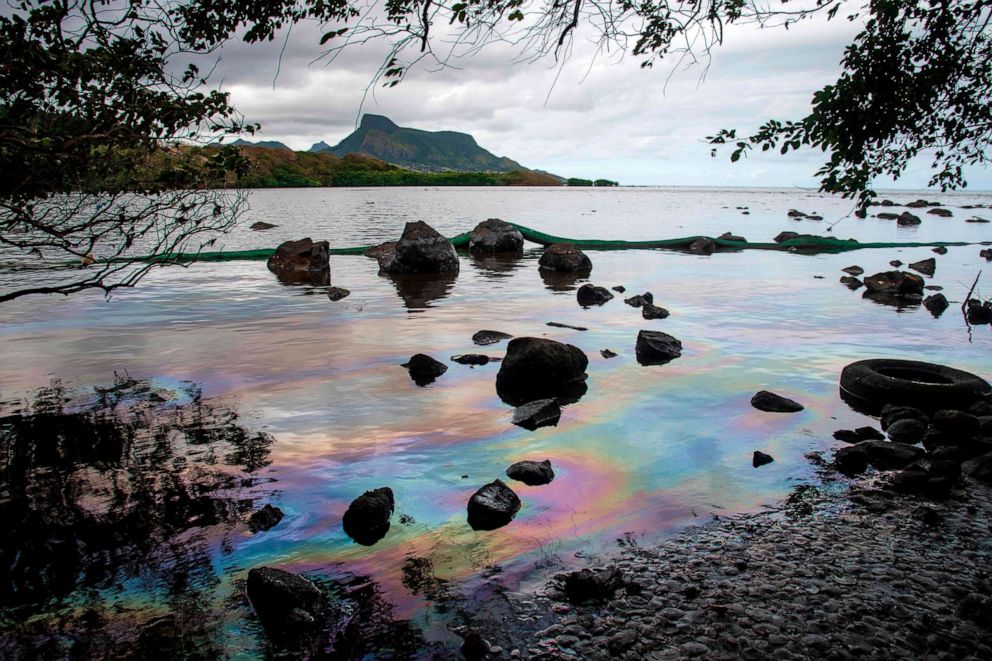 PHOTO: Oil leaked from MV Wakashio shows iridescently on the surface of the water off the coast of Mauritius, Aug. 15, 2020. A fresh streak of oil spilled on Aug. 14.