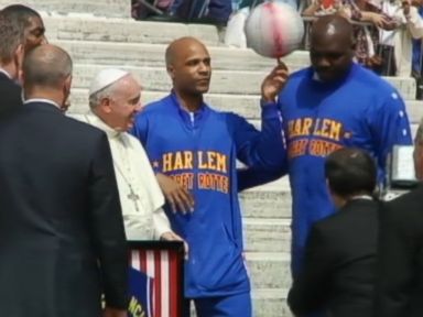 VIDEO: The pontiff attempts to spin a basketball on his fingertip during the meeting in Rome.