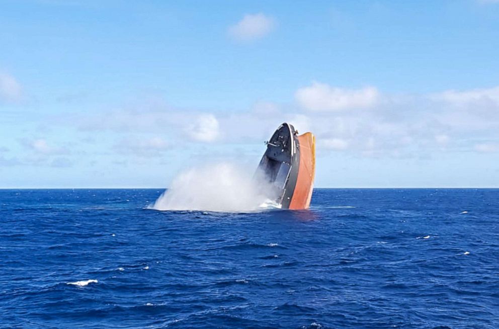 PHOTO: The MV Wakashio, a Japanese-owned ship which ran aground causing a devastating oil spill, sinks in the open water near Mauritius, Aug. 24, 2020.