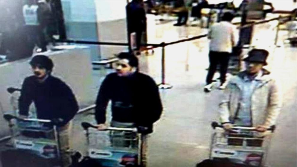 VIDEO: Belgian police released a photo taken from surveillance footage that shows three men pushing baggage carts.