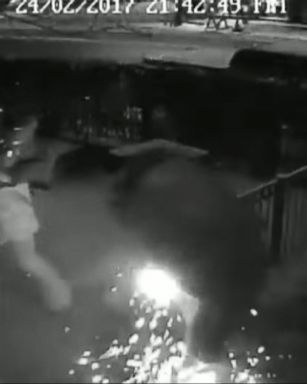 VIDEO: Surveillance video shows a man's pants catch fire, leaving him with third-degree burns.