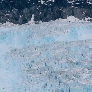 Helheim glacier calved, creating tabular and pinnacle icebergs.