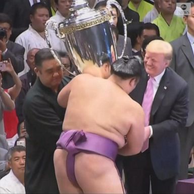 VIDEO: President Trump presents trophy to sumo champion