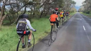 religion With no other purpose than to have fun, a group of 10 cyclists rode large-wheeled bicycles over 600 miles in nine days.