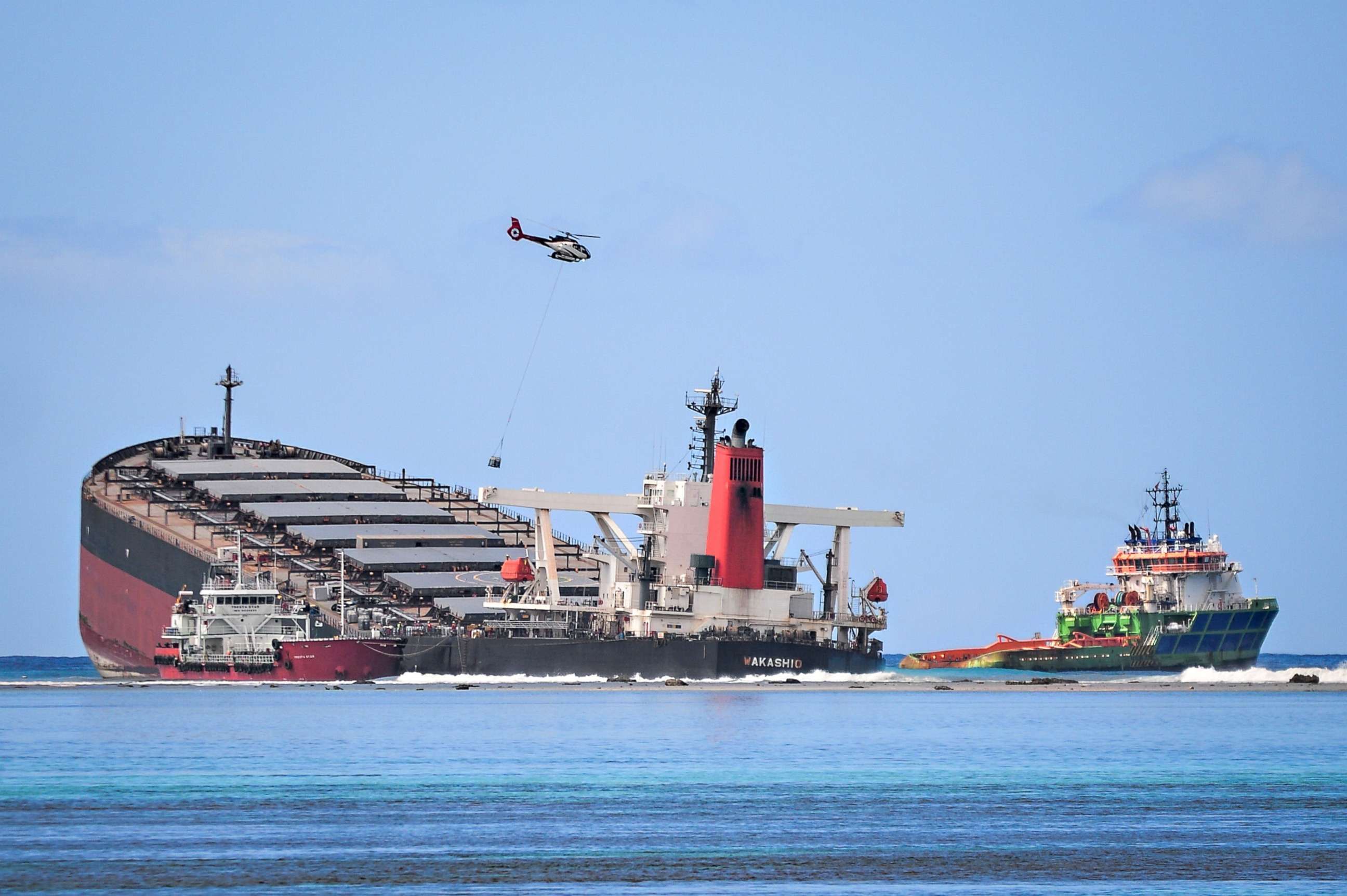 PHOTO: The MV Wakashio lies in the Indian Ocean near Blue bay Marine Park in southeast Mauritius, Aug. 11, 2020.