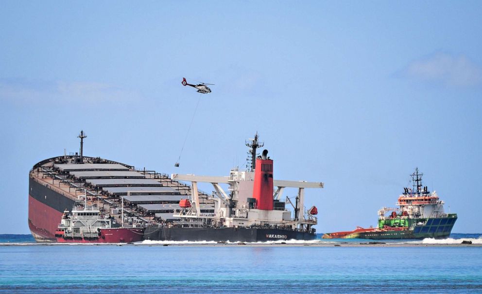 PHOTO: The MV Wakashio lies in the Indian Ocean near Blue bay Marine Park in southeast Mauritius, Aug. 11, 2020.