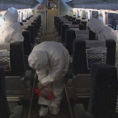 Trains disinfected at a station in Seoul