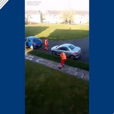 Two sanitation workers showcased their jumping skills when they came across a chalk-drawn hopscotch grid outside a house in Darlington, England.