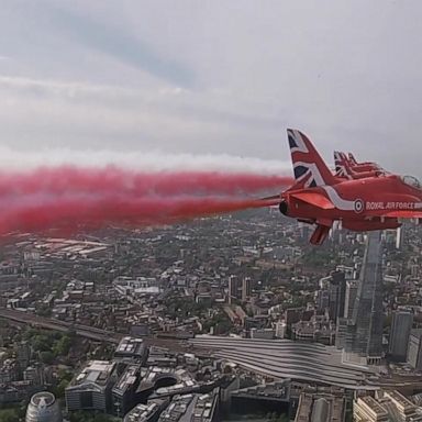 The Royal Air Force's Red Arrows flew over London on the 75th anniversary of Victory in Europe Day, marking the end of WWII in Europe.