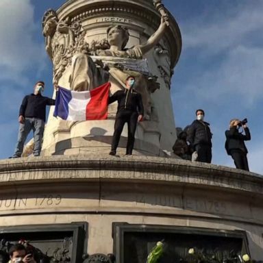 Protesters filled Place de la Republique in support of a murdered teacher after showing caricatures of the Prophet Muhammad to his students.