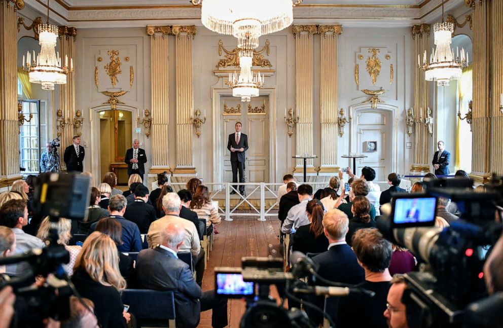 PHOTO: The permanent secretary of the Swedish Academy, Mats Malm, announces the winners of the 2018 and 2019 Nobel Prize in Literature in Stockholm, Sweden, Oct. 10, 2019.