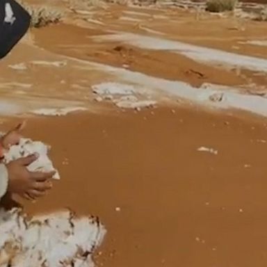 Stunning footage shows snow and sand in the desert near the Tabuk region.