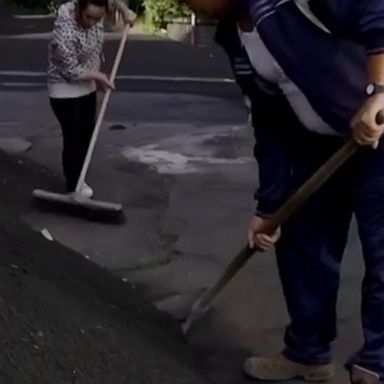 Locals sweep up piles of ash after a weekend eruption of Sicily’s Mount Etna, Europe’s most active volcano and also the continent’s largest.