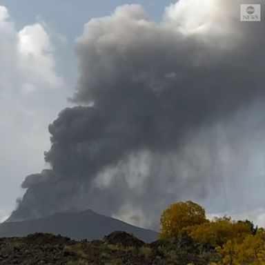 A large column of ash spewed from Mount Etna filled high above Sicily, Italy.