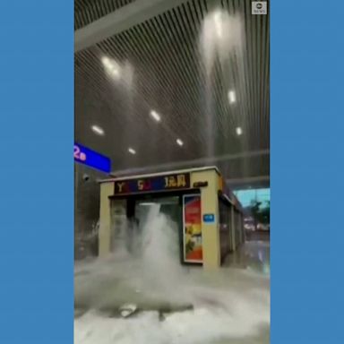 Chinese state TV showed footage of rushing waters inundating the city of Zhengzhou’s subway system.