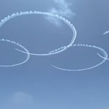 The Japan Air Self-Defense Force’s aerobatics team drew Olympic rings in the sky at the air base in Miyagi prefecture.