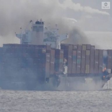 Sixteen people have been evacuated from a container ship after it caught fire off the Canadian coast, according to officials.