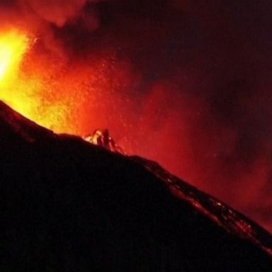 Spectacular drone footage reveals close-up view of La Palma’s Cumbre Vieja volcano in the Canary Islands.