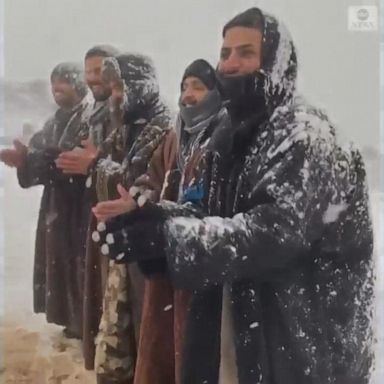 A group of Saudi men performed a traditional dance, called a dabke, to celebrate the recent snowfall in Tabuk.