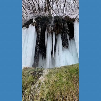 A thermal waterfall froze over in Transylvania, Romania, creating sharp icicles, a rare phenomenon, as the waterfall sits below a hot spring.