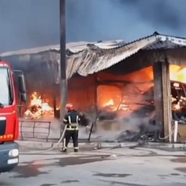 Firefighters battled a huge fire at Kharkiv’s largest market, which ignited after shelling from Russian forces, according to the Ukrainian State Emergency Service.