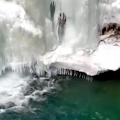 Video shows an ice formation at the Johnston Canyon Lower Falls in Banff National Park in Canada.