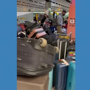 PHOTO: Luggage seen piling up at Heathrow Airport during a weekend of baggage reclaim chaos.