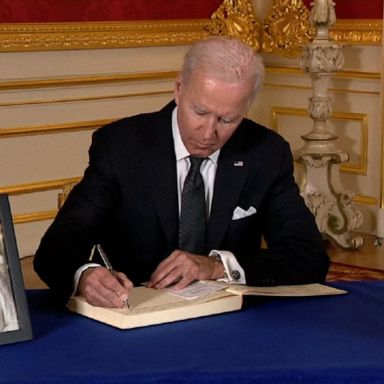 President Joe Biden signed the book of condolences for Queen Elizabeth II at Lancaster House on Sunday. 