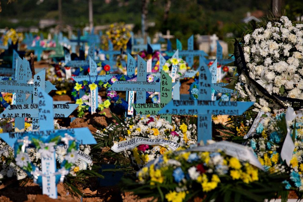PHOTO: Graves of COVID-19 victims are seen at the Nossa Senhora Aparecida cemetery in Manaus, Amazonas state, Brazil, on April 29, 2021.