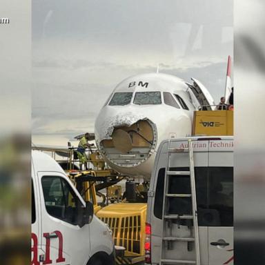 An Austrian Airlines flight suffered significant damage from hail, which took off part of the airplane's nose on Sunday, the company said.