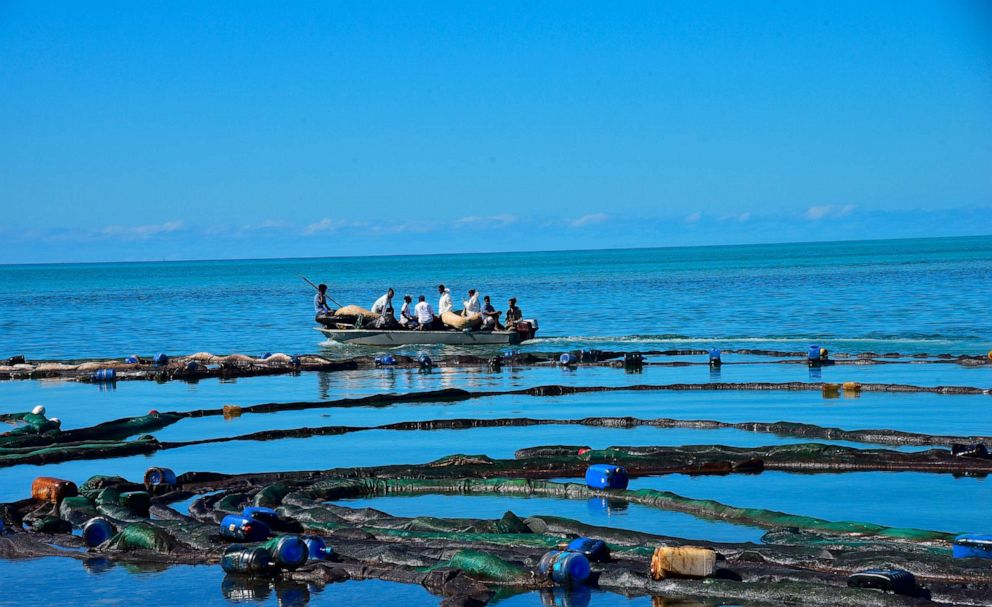 PHOTO: Volunteers take part in the oil spill clean up operation in Mahebourg, Mauritius, Aug. 12, 2020.