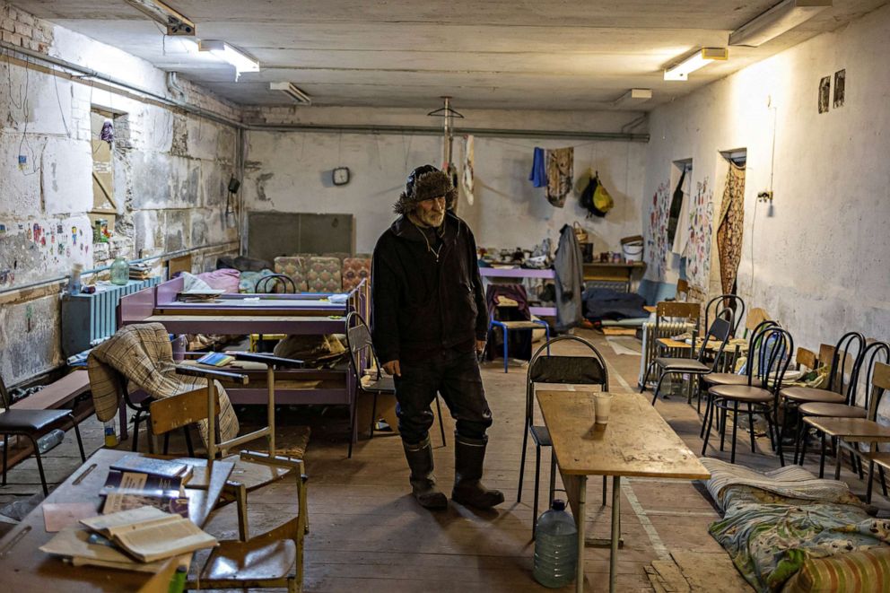 PHOTO: Ivan Balanovych stands inside the basement of a school in Yahidne.