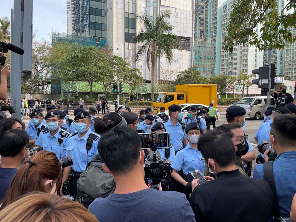 PHOTO: There was a heavy police presence outside of the West Kowloon Magistracy on Monday. 