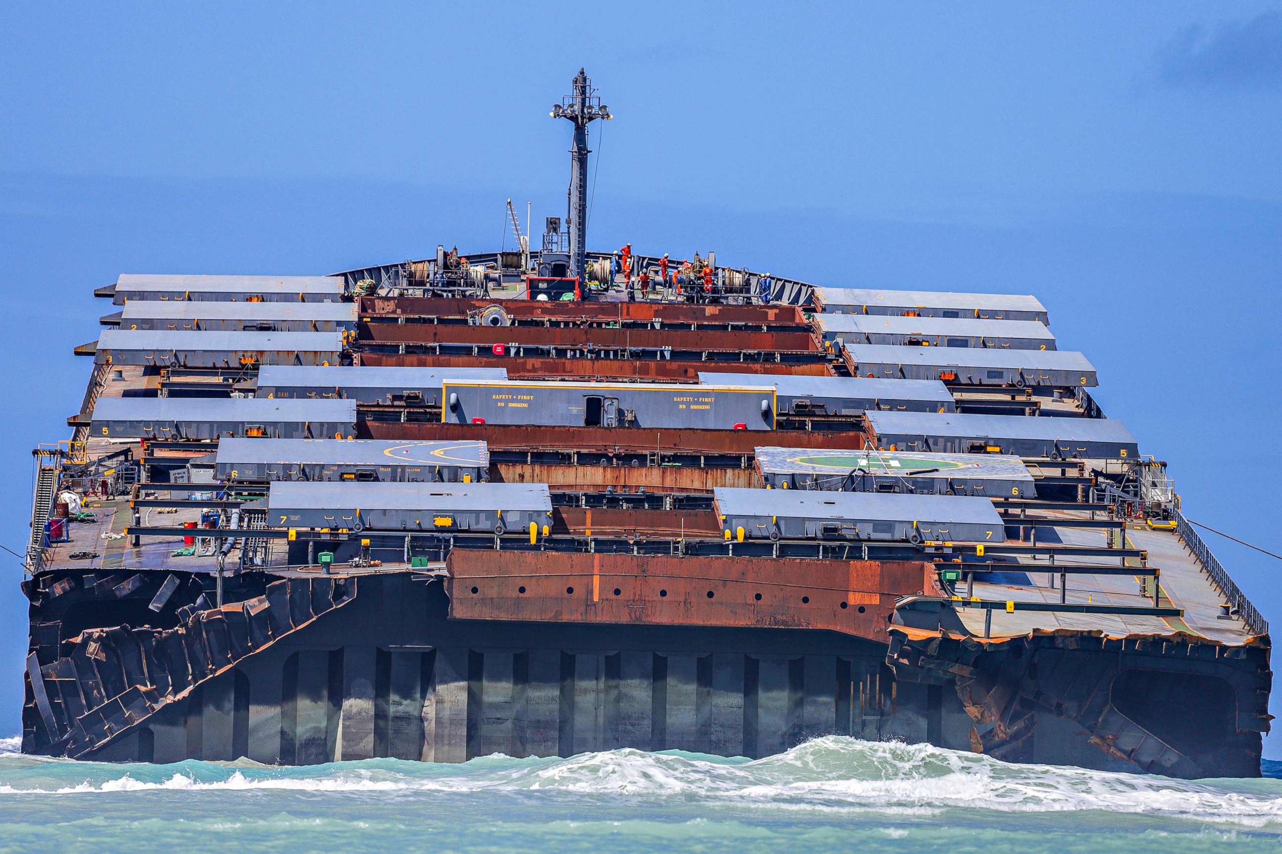 PHOTO: The front section of the MV Wakashio lies in the Indian Ocean after breaking into two parts, near Blue Bay Marine Park, off the coast of south-east Mauritius, Aug. 17, 2020.