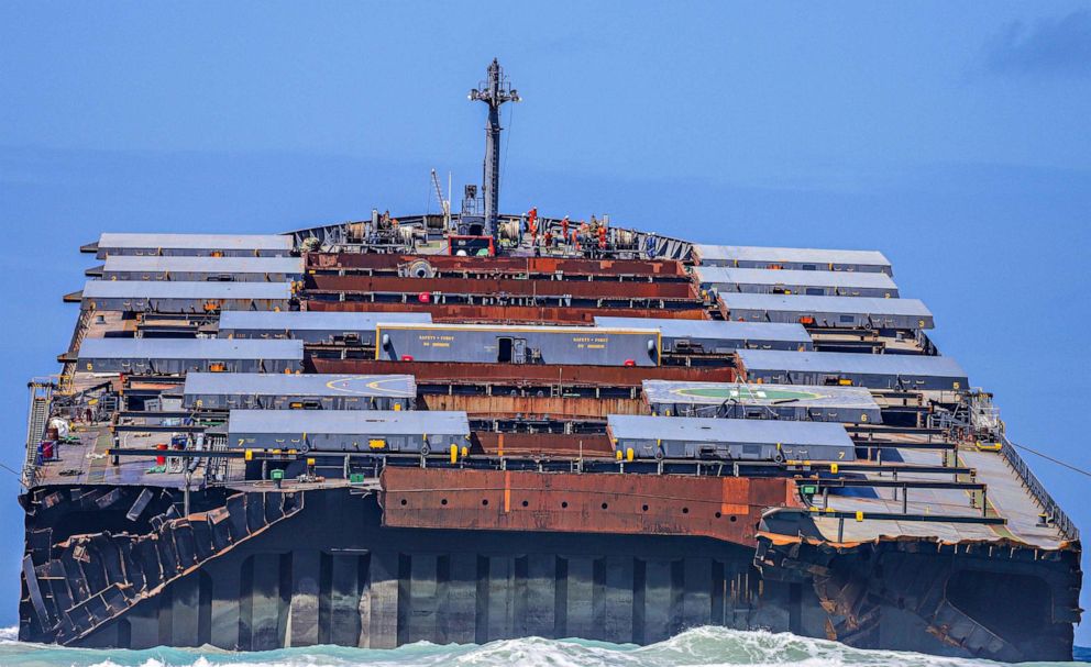 PHOTO: The front section of the MV Wakashio lies in the Indian Ocean after breaking into two parts, near Blue Bay Marine Park, off the coast of south-east Mauritius, Aug. 17, 2020.