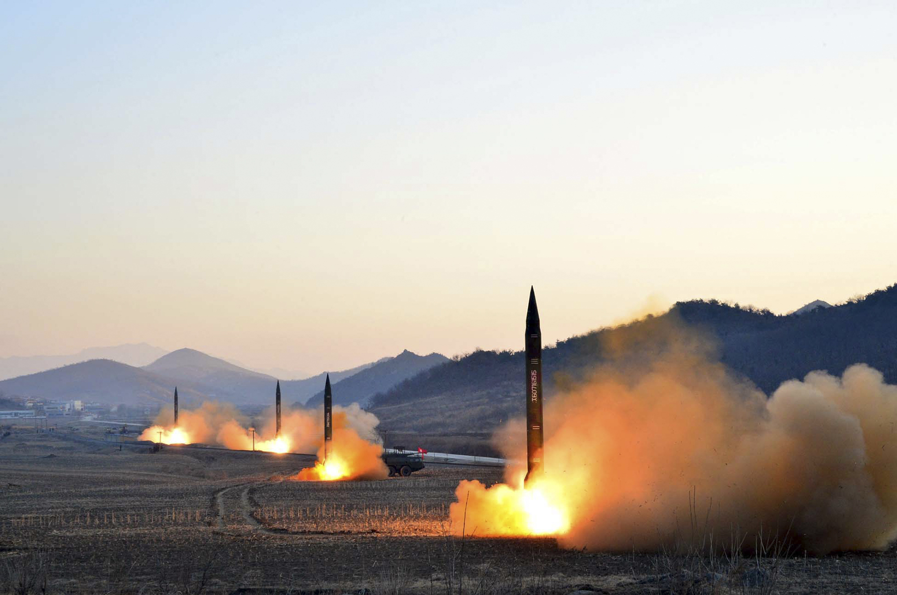 PHOTO: This undated picture released by North Korea's Korean Central News Agency on March 7, 2017 shows the launch of four ballistic missiles by the Korean People's Army during a military drill at an undisclosed location in North Korea.