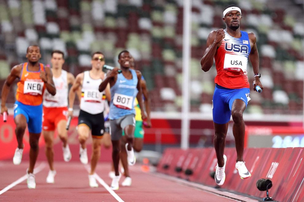 PHOTO: Rai Benjamin of the United States crosses the line to win gold in the 4x400m relay on Aug. 7, 2021, in Tokyo, Japan.