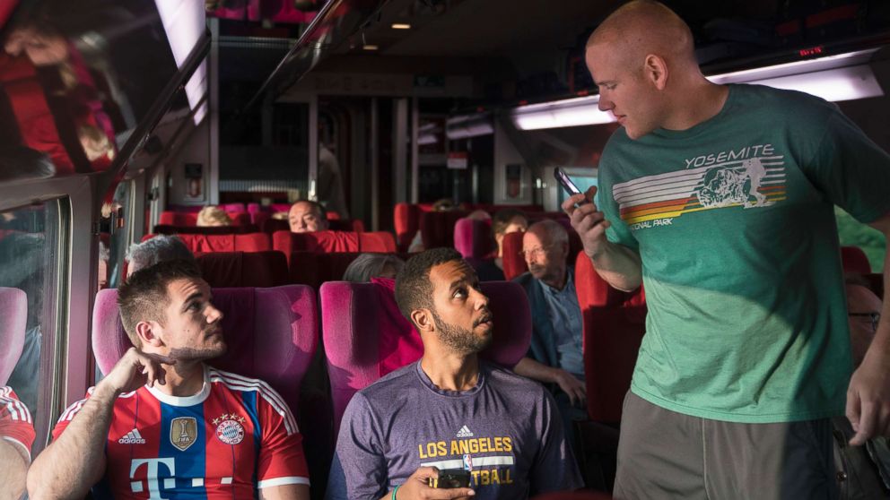 PHOTO: From left, Spencer Stone, Anthony Sadler and Alex Skarlatos in a scene from "The 15:17" To Paris." 
