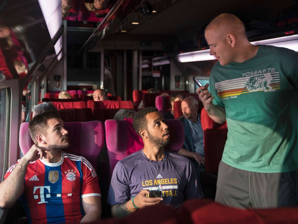 PHOTO: From left, Spencer Stone, Anthony Sadler and Alex Skarlatos in a scene from The 15:17 To Paris.