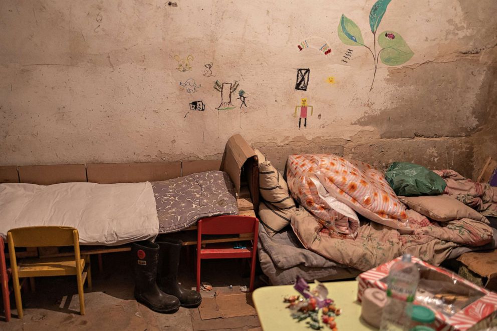 PHOTO: Improvised beds are seen inside the basement of the school.