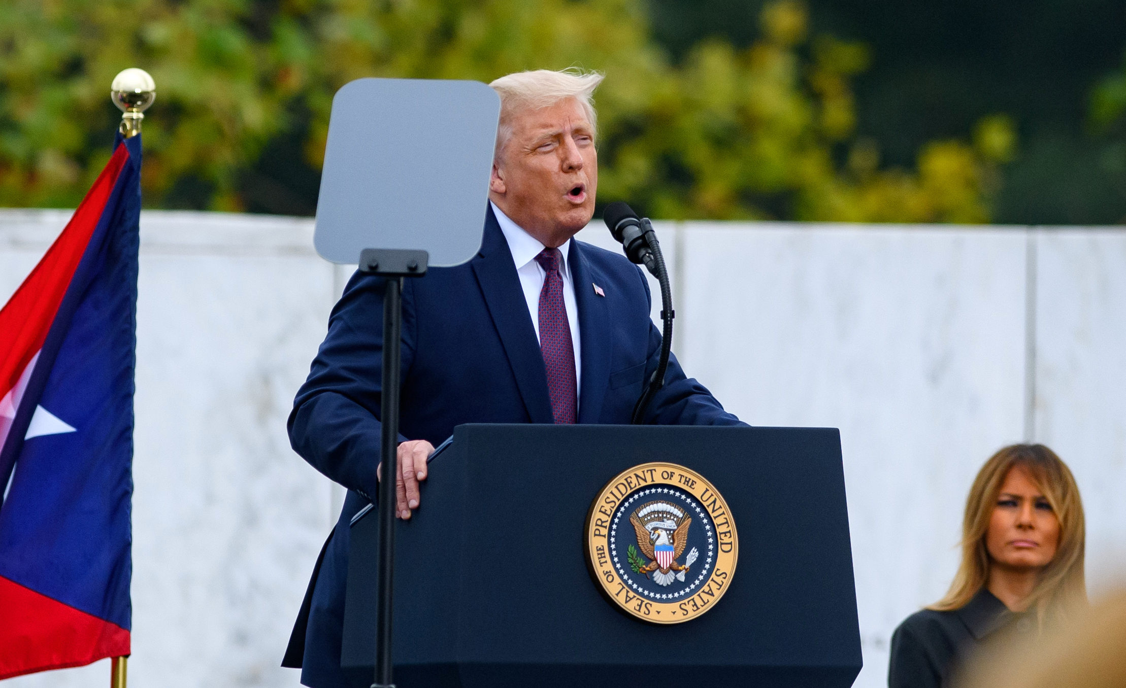 PHOTO: President Donald Trump delivers remarks during a ceremony at the Flight 93 National Memorial commemorating the 19th anniversary of the crash of Flight 93 and the September 11th terrorist attacks on Sept. 11, 2020, in Shanksville, Pa.