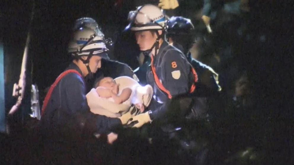 PHOTO: A 9-month-old baby girl was trapped for hours in rubble when an earthquake struck Japan on April 14, 2016.