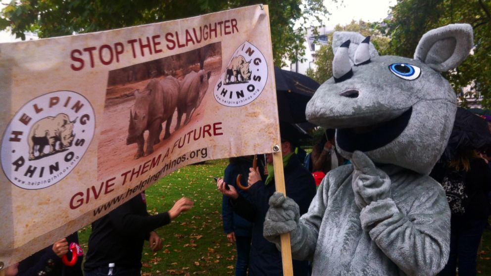 PHOTO: Protesters take part in a march in London on Oct. 4, 2014 demanding action to stop rhino and elephant poaching.