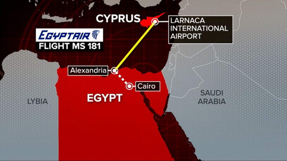 PHOTO: A map shows the route of hijacked EgyptAir Flight 181, March 29, 2016.